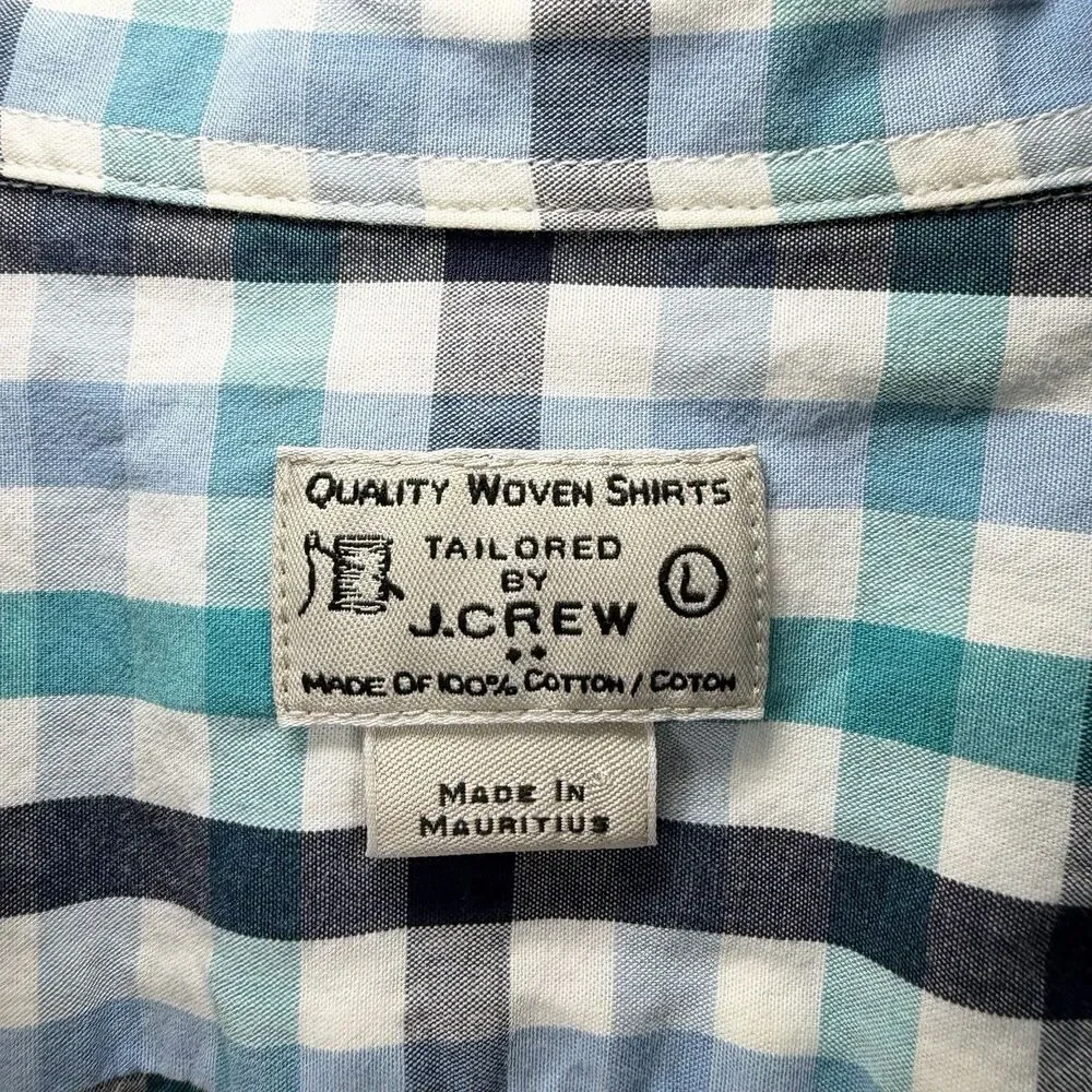 J.Crew Button Down Shirt Mens Large Blue Teal Black Gingham Check Long Sleeve